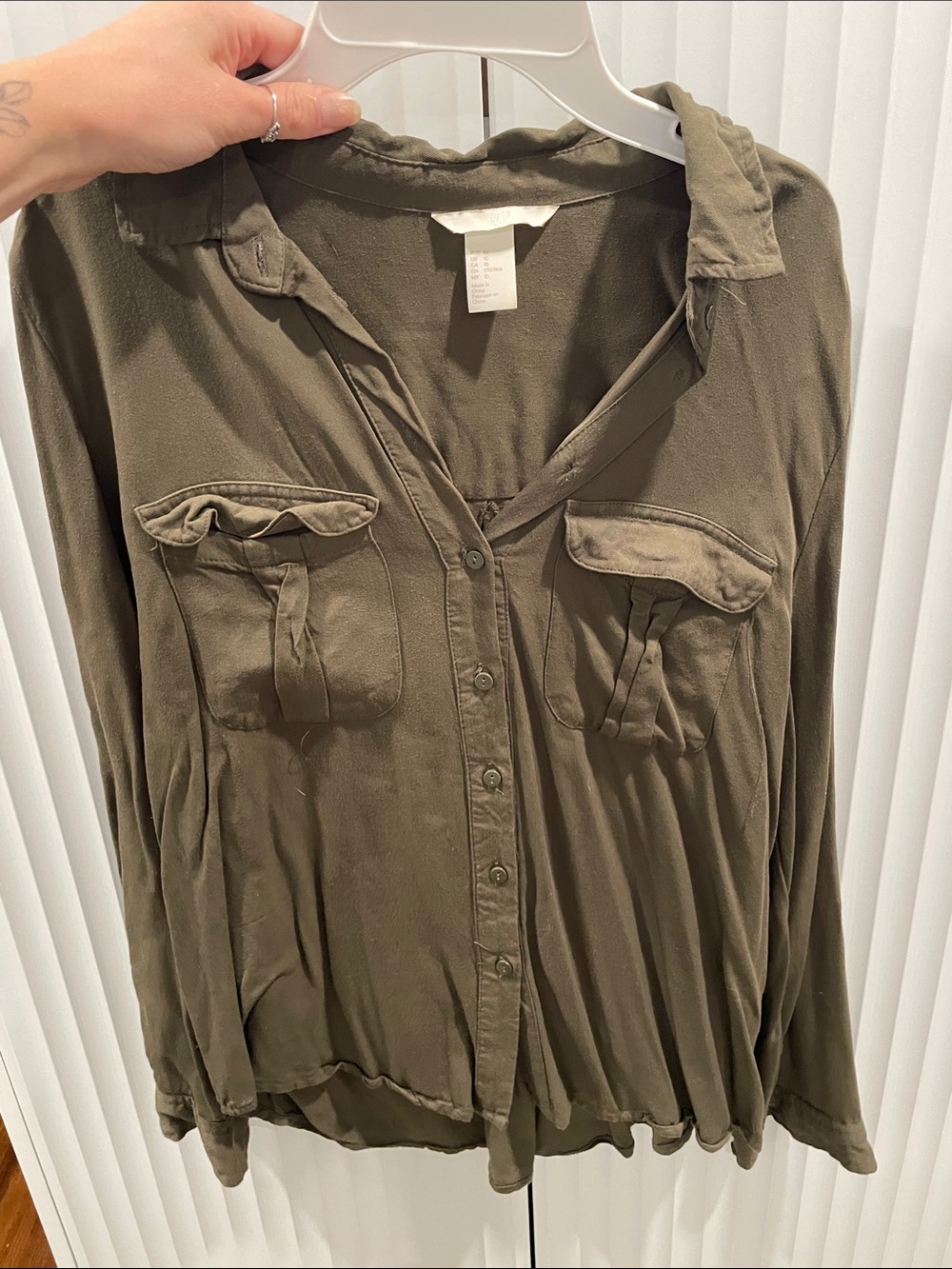 H&M Olive Button-Down Shirt with Chest Pockets
